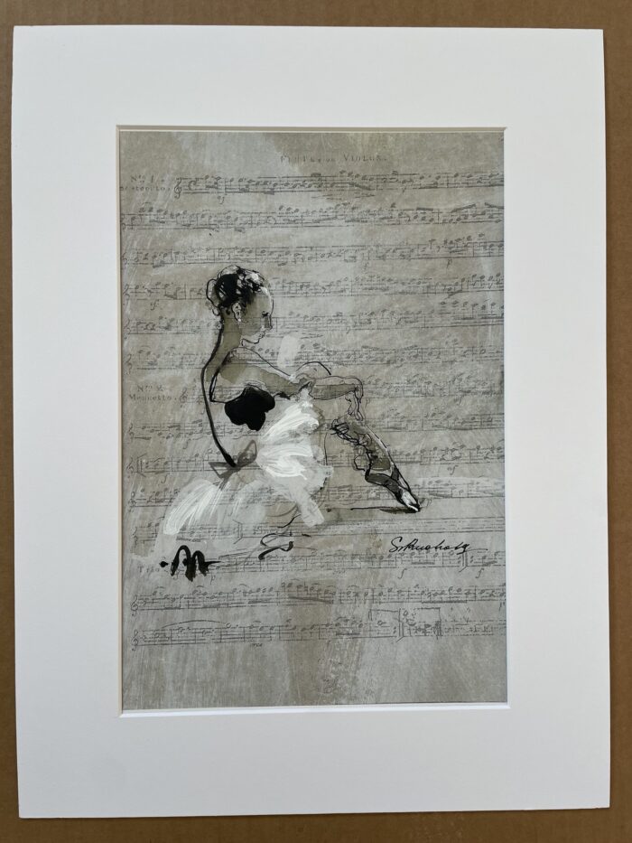 Svetlana Ruohon sekatekniikalla tehty harmaasävyinen teos tansijalta tauolla, jossa on kaunis musikkitausta.