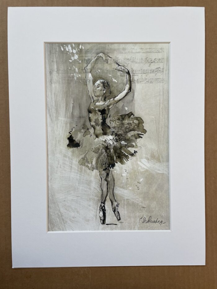 Svetlana Ruohon sekatekniikalla maalattu harmaasävyinen teos ballerinasta