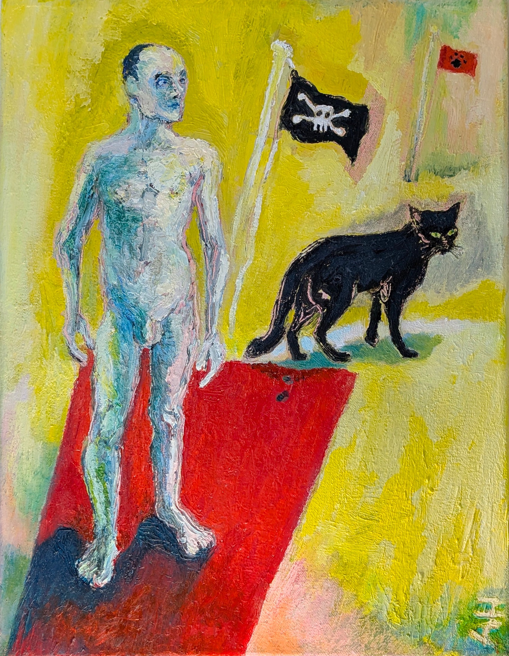 Teoksessa alaston ihminen ja musta kissa punaisen maton tuntumassa. Merirosvolippu taustalla.
