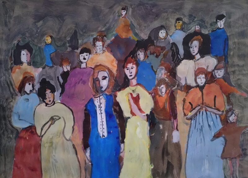 Iiris Ruuthin muste- ja akryylimaalaus, jossa joukko ihmisiä