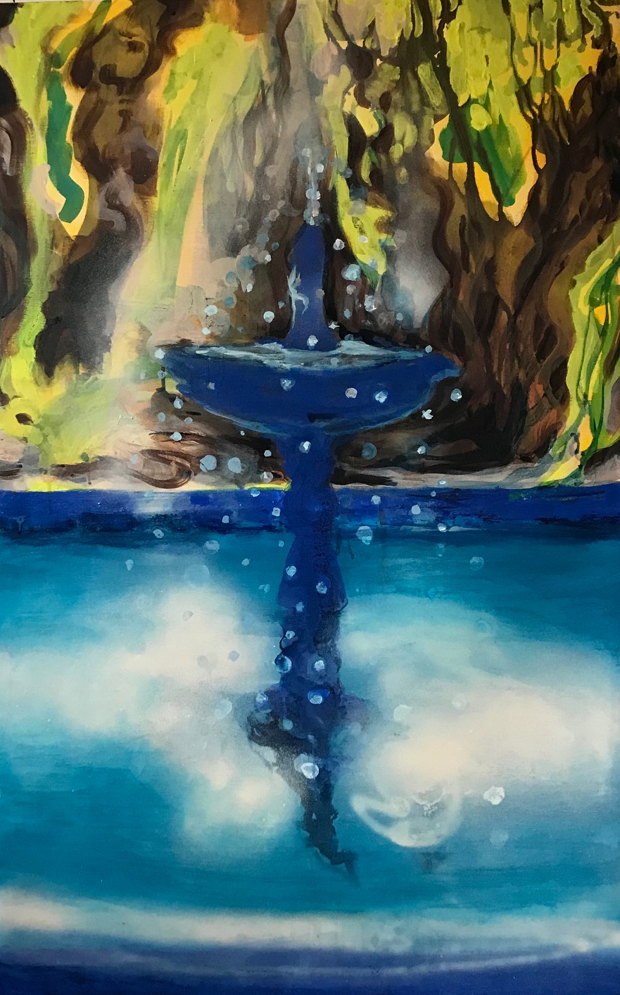 Krista Kortelaisen vesivärimaalaus 'YSL Morsian', jossa sinistä vettä ja keltaista koukeroa sen yllä