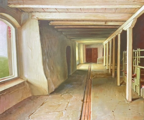 Leevi Kivisaaren öljyvärimaalaus navetan kulkuväylästä