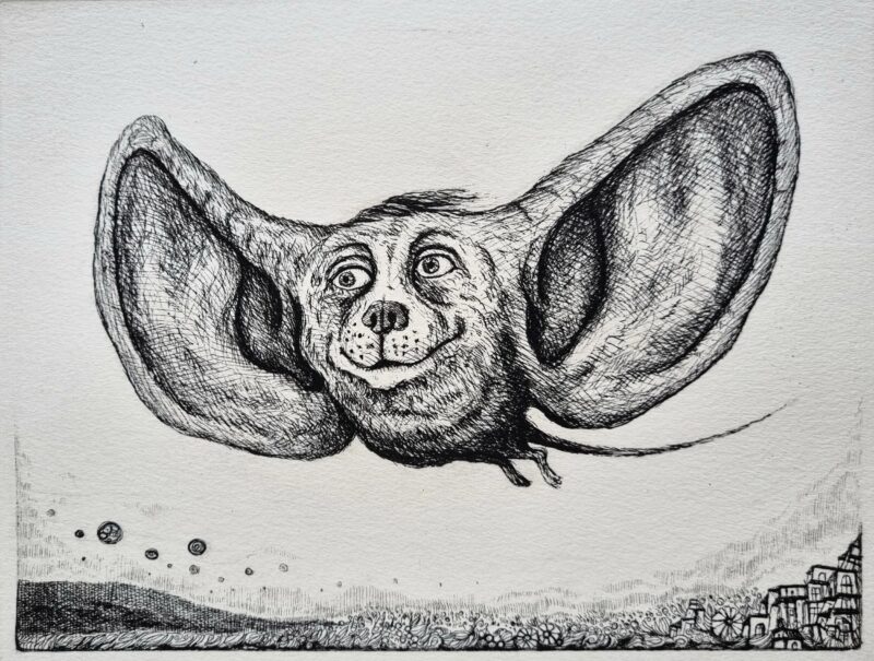 Pekka Hannulan etsauksella tehty mustavalkoinen grafiikka, jossa lentävä isokorvainen olento