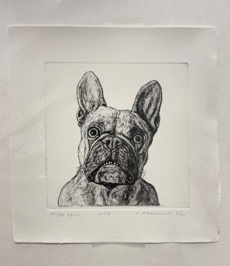 Pekka Hannulan etsauksella tehty mustavalkoinen grafiikka, jossa koira