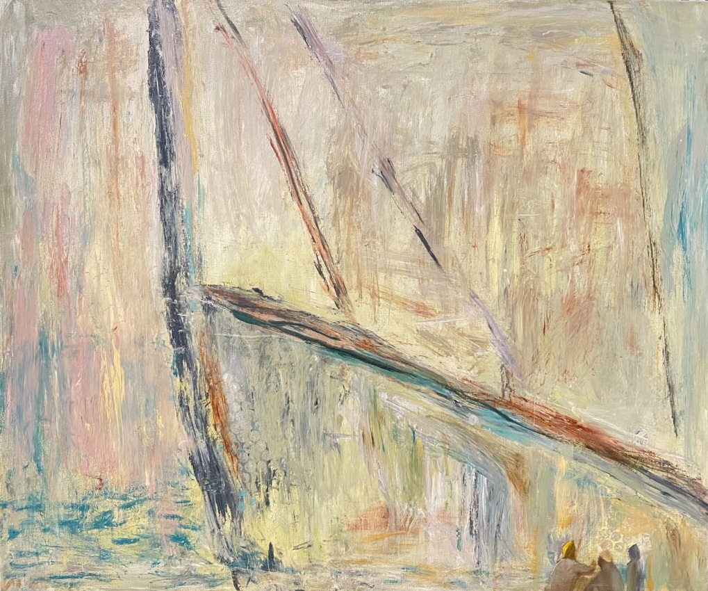 Seija Rissasen tekemä, vaaleilla sävyillä maalattu öljyvärimaalaus satamasta.