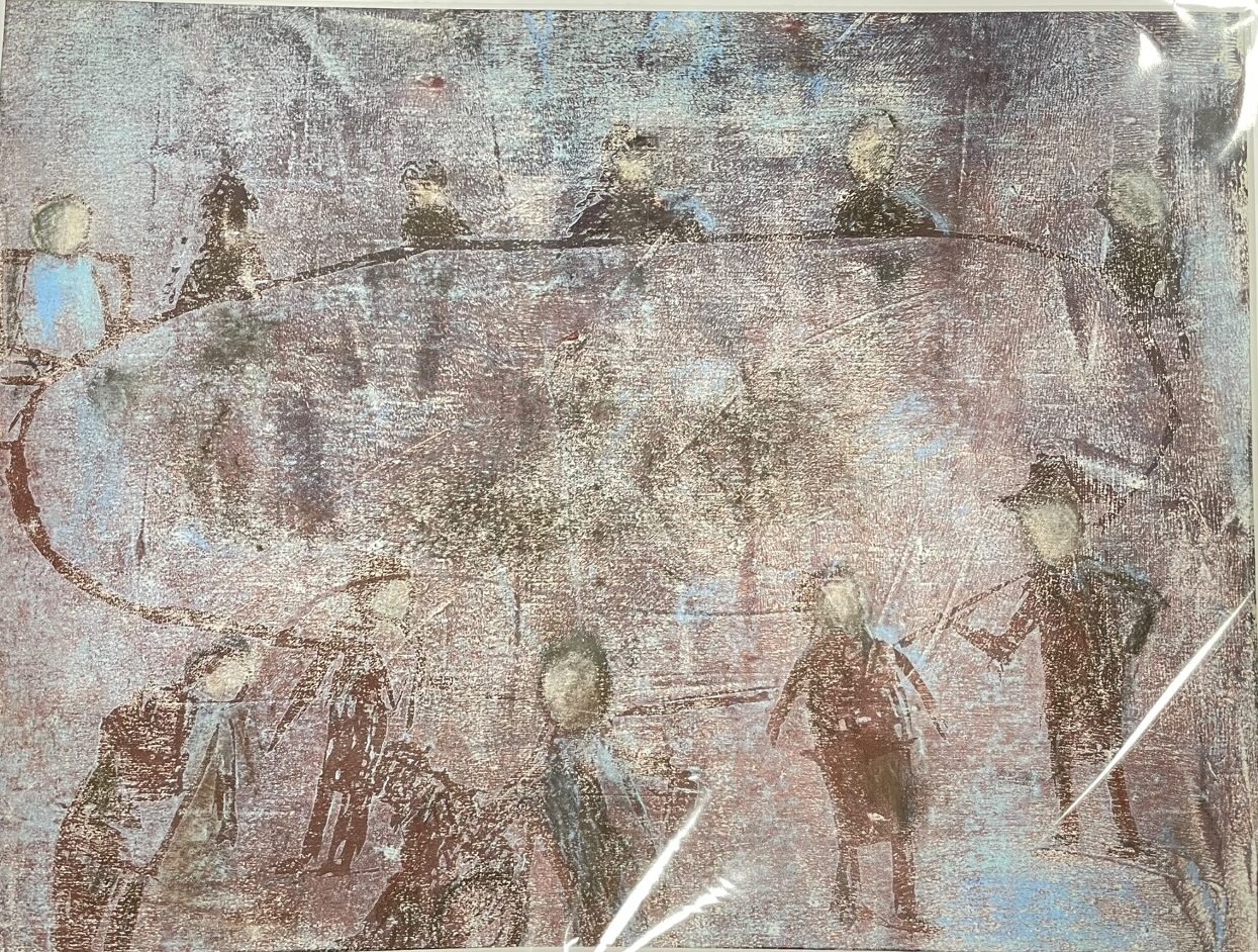 Seija Rissasen kynillä piirretty tummahko teos ihmisistä pöydän äärellä