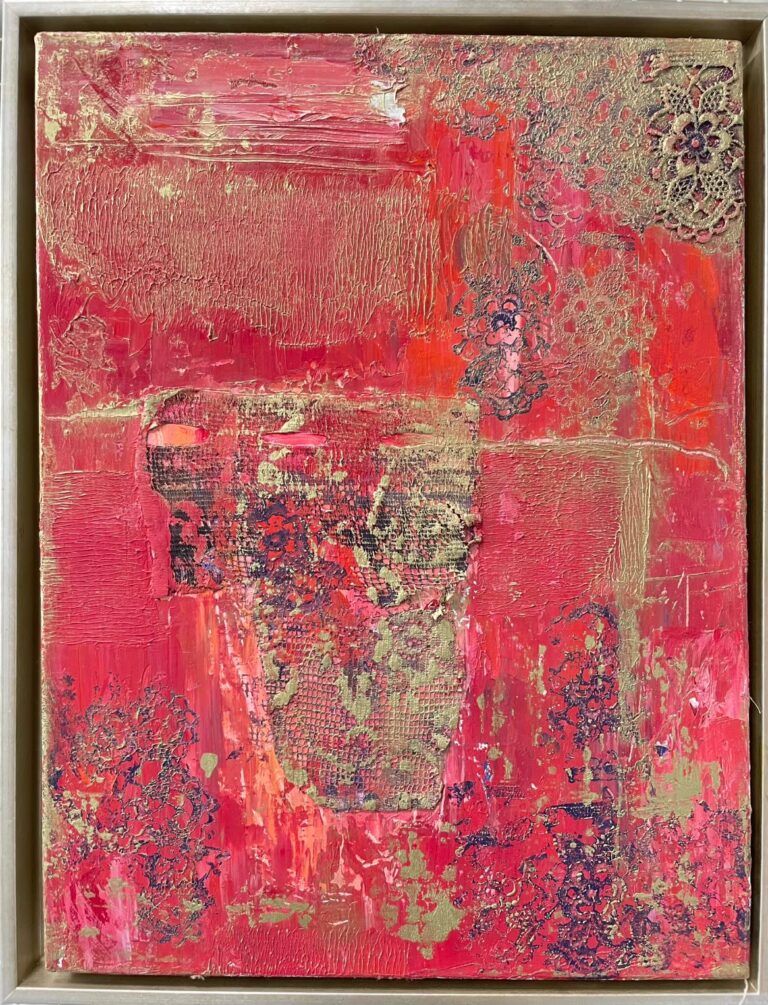 Annukka Mikkolan tekemä punakultainen sekatekniikka teos nimeltä 'Burkhatyttö'