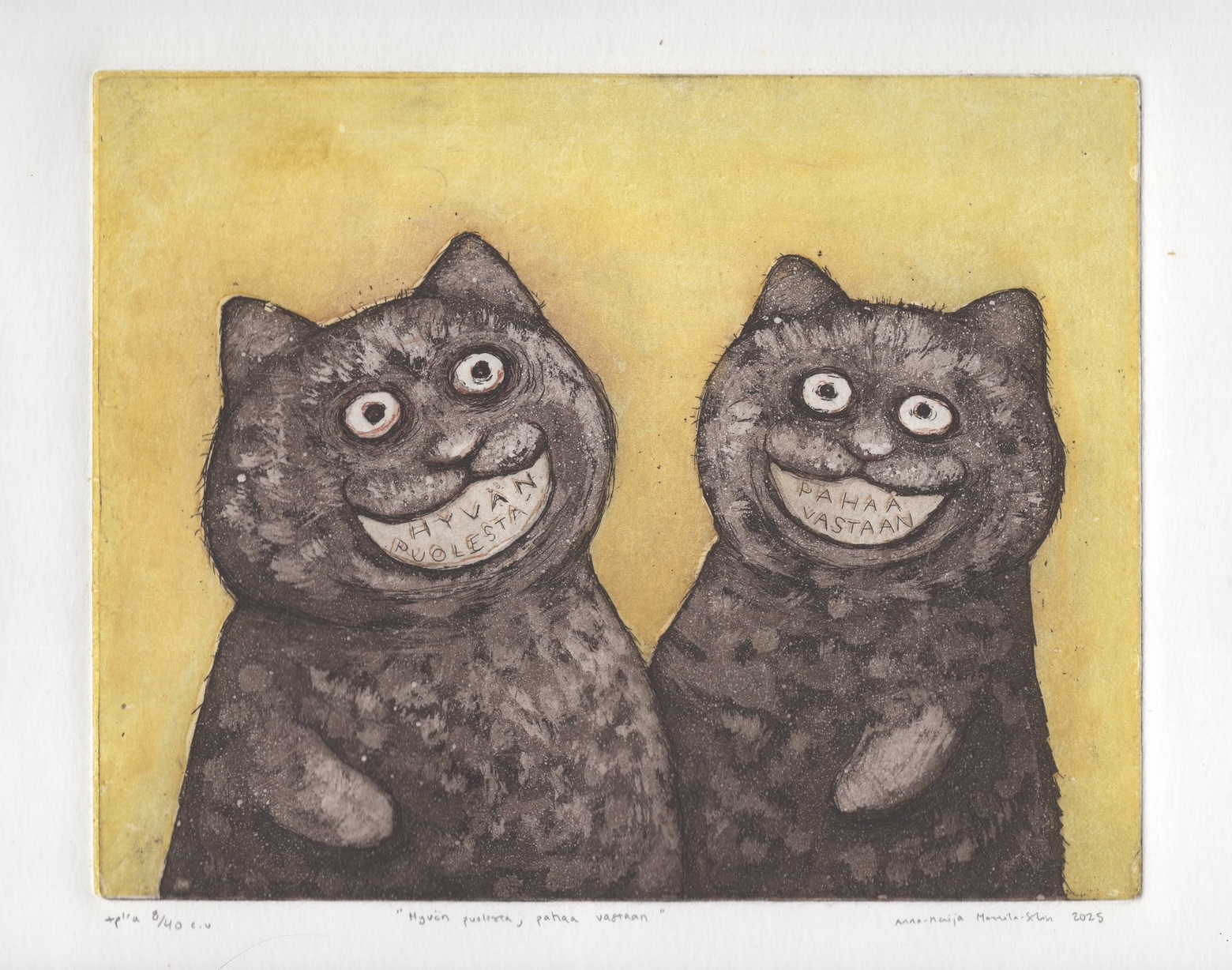 Anna-Maija Mattila-Selinin etsaus, akvatinta tekniikoilla tehty grafiikka, jossa kissat virnuilevat hyvässä hengessä