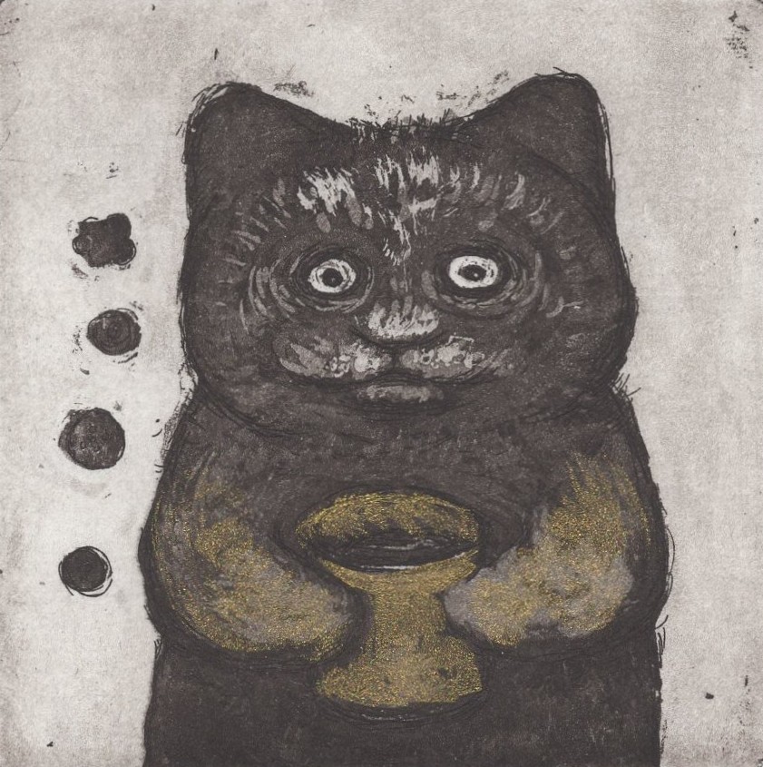 Anna-Maija Mattila-Selinin etsaus, akvatinta tekniikoilla tehty grafiikka, jossa kissalla kahvimuki töppösissä