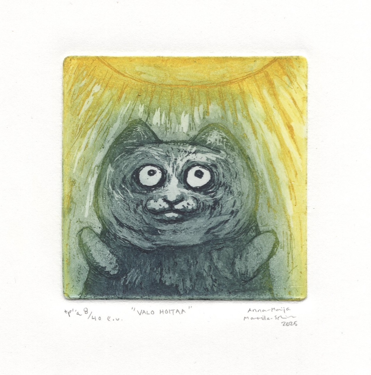 Anna-Maija Mattila-Selinin grafiikka kissasta auringon alla
