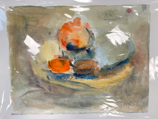 Marja Maljosen hedelmä asetelma akvarellimaalaus