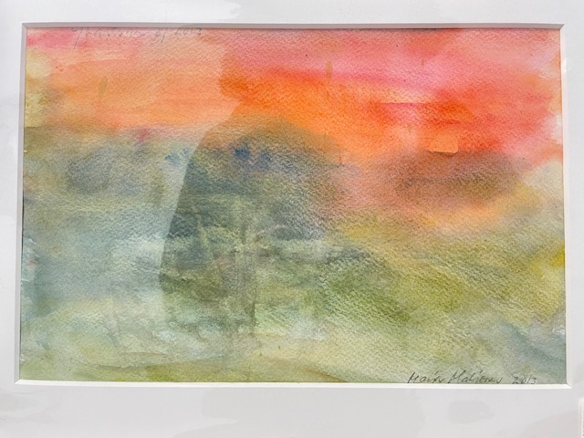 Marja Maljosen absrakti oranssi vihreä akvarellimaalaus