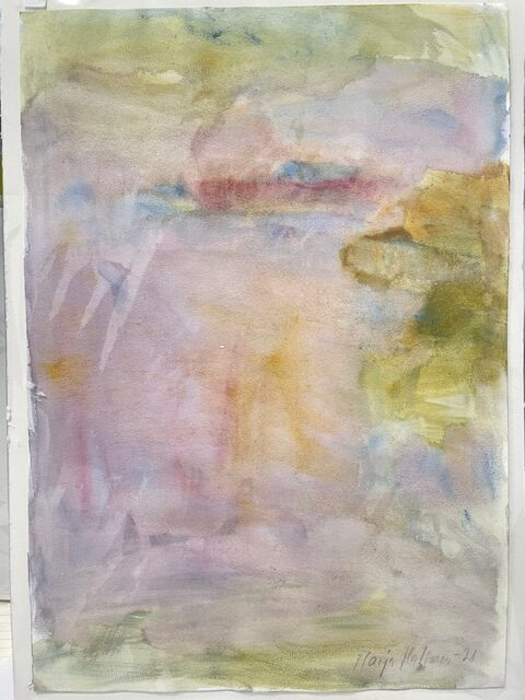Marja Maljosen absrakti purppura vihreä akvarellimaalaus