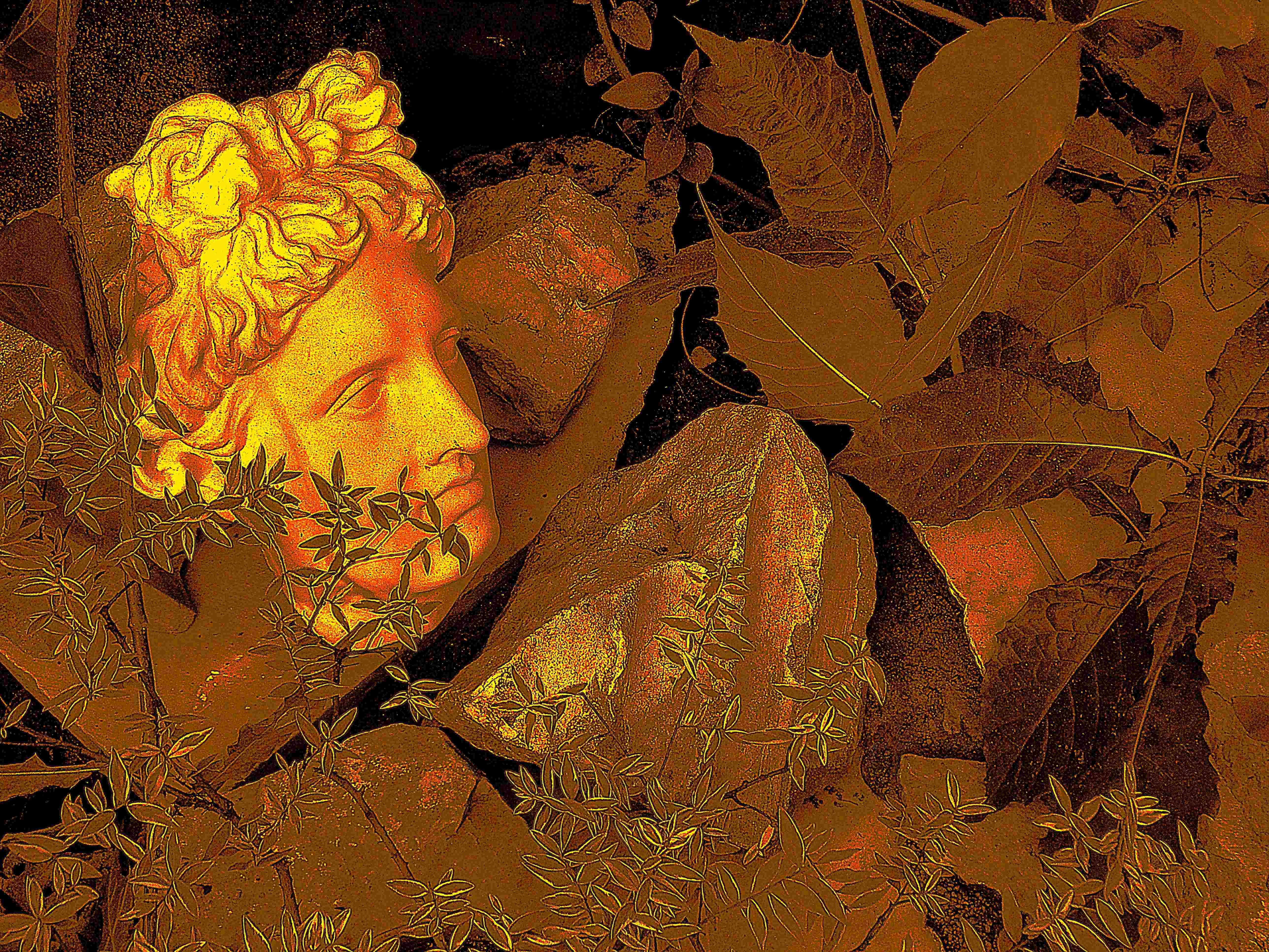 Mauri Olavi Keinäsen valokuvateos, jossa patsas pensaiden keskellä