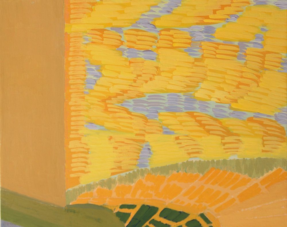 Eeva-Riitta Vilkunan tempera teos, jossa absraktisti keltaisia sävyjä