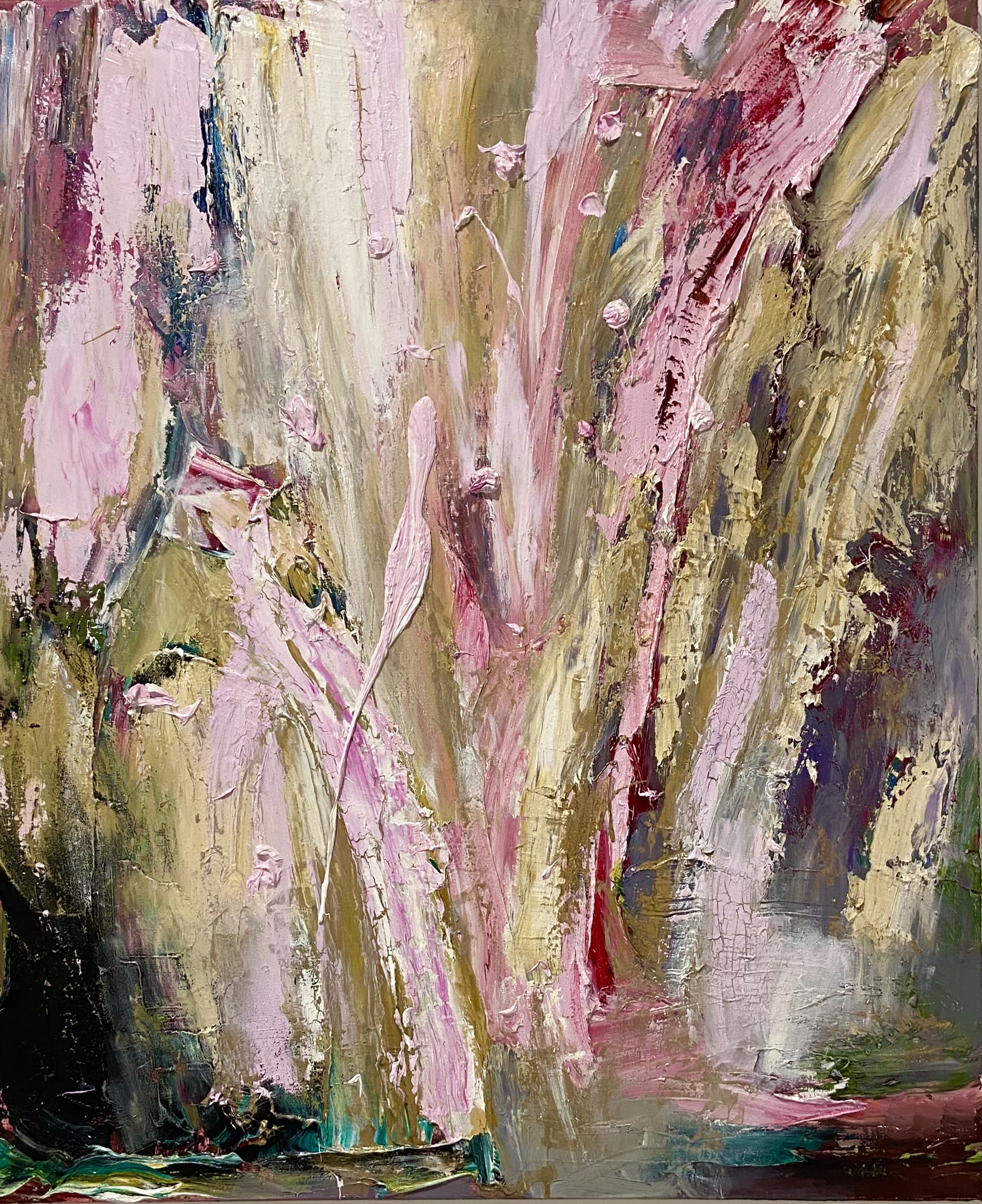 Maaria Märkälän absrakti öljyvärimaalaus, jossa pinkkiä ja kultaa