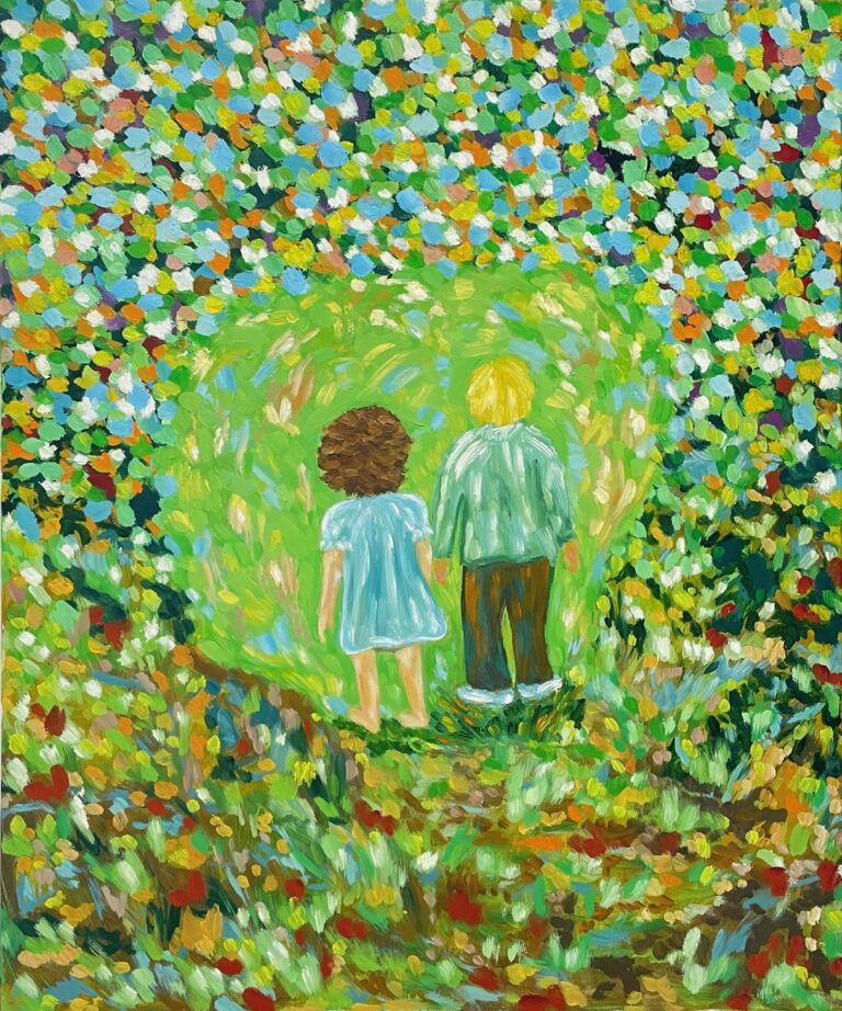 Anastasia Lobkovskin öljyvärimaalaus, jossa tyttö ja poika lapsi pitää kädestä toisiaan vehreässä ympäristössä