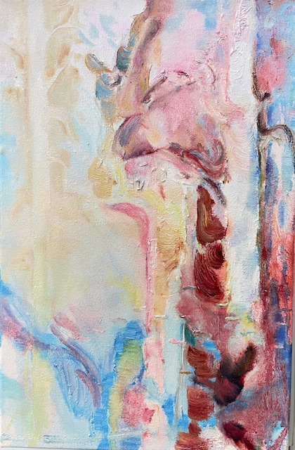 Regina Siiran absrakti öljyvärimaalaus keväästä, jossa pinkkiä sävyä