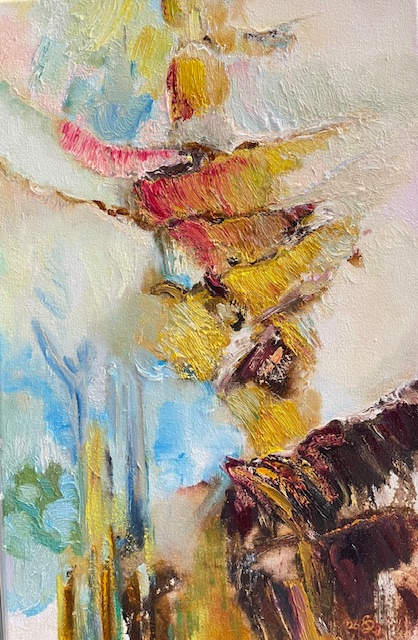 Regina Siiran absrakti öljyvärimaalaus, jossa vaalean sinisen ja ruskean sävyä