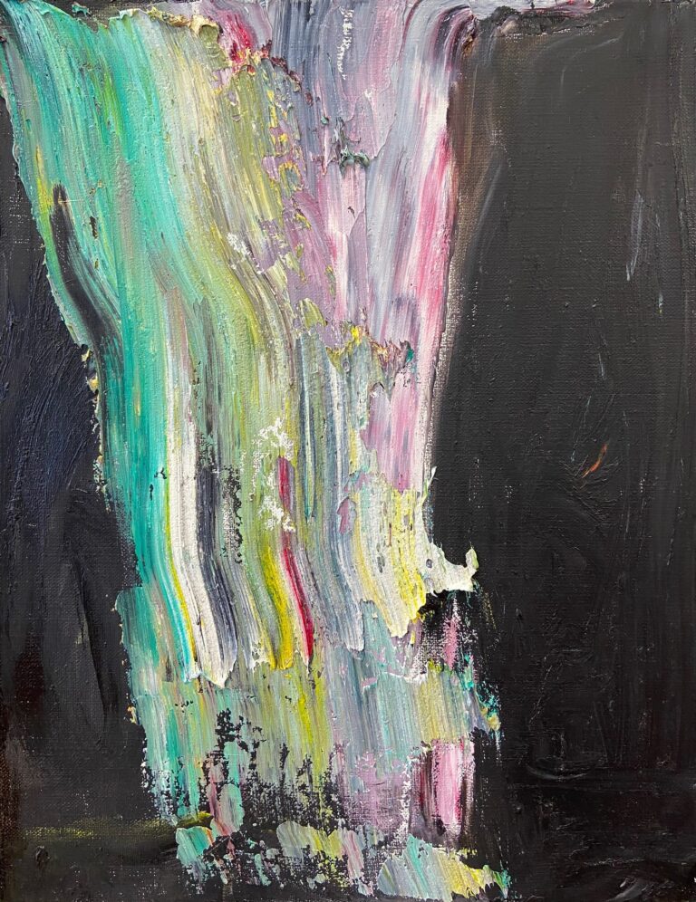 Maaria Märkälän absrakti öljyvärimaalaus, jossa mustaa taustaa vasten valuu vihreän ja pinkin sävyjä