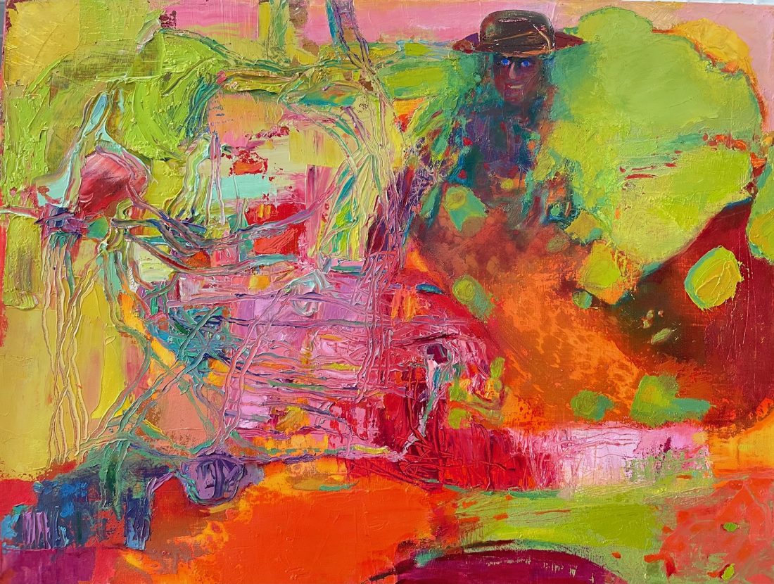 Anneli Hillin värikäs öljyvärimaalaus, jossa puutarhuri kuikkii värien keskeltä