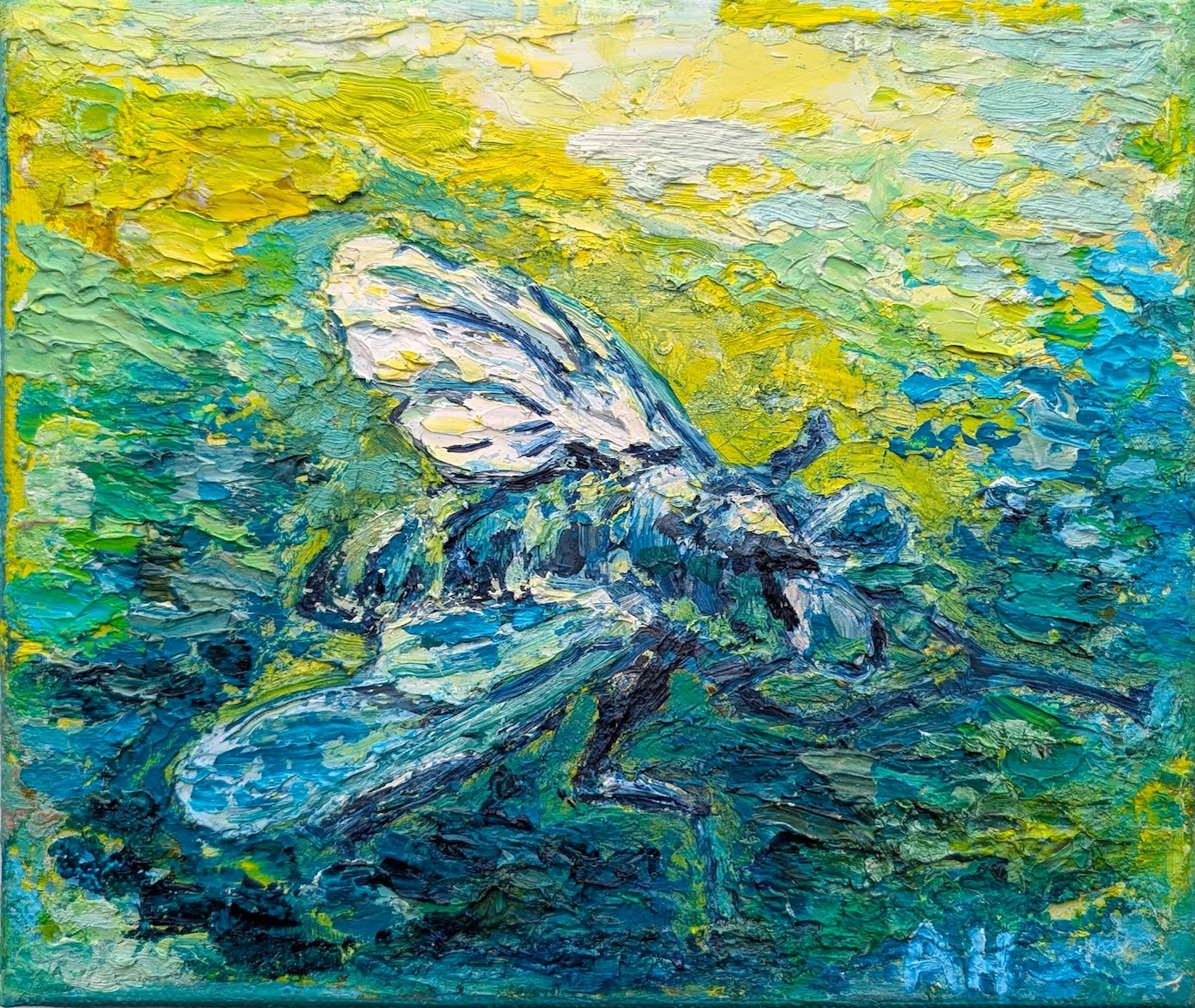 Ekspressionistinen vihertävän keltainen paksulla kerroksilla maalattu öljyväriteos esittää kärpästä.