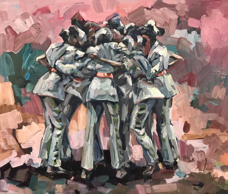 Topi Ruotsalaisen vaaleanpunasävyinen öljyvärimaalaus, jossa kuorolaiset ryhmähalaavat