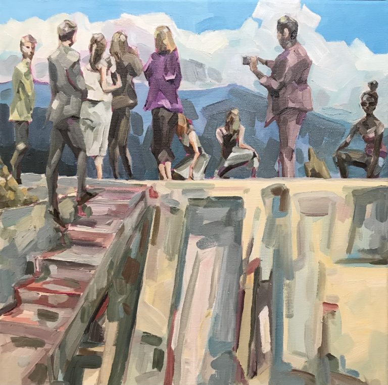 Topi Ruotsalaisen öljyvärimaalaus, jossa ihmiset viettävät aikaa korkealla sijannilla