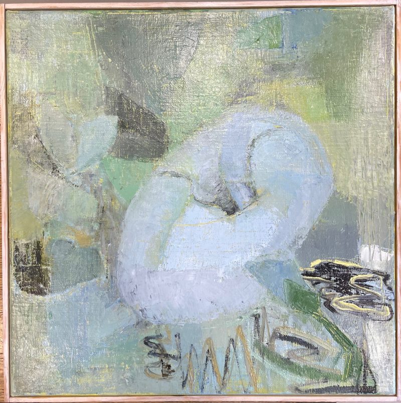 Varpu Jaskarin vaaleanvihreäsävyinen öljyvärimaalaus, jossa luonnon vivahteita