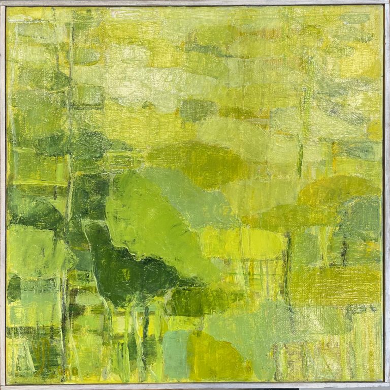 Varpu Jaskarin limen vaaleanvihreäsävyinen öljyvärimaalaus, jossa luonnon vivahteita