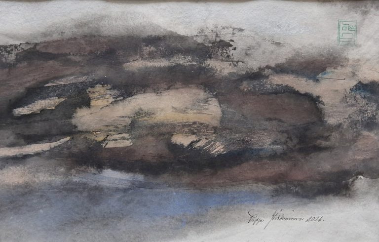 Ilmastonmuutos, Seppo Nikkinen, 2026, muste/pastelli, 50 cm x 70cm