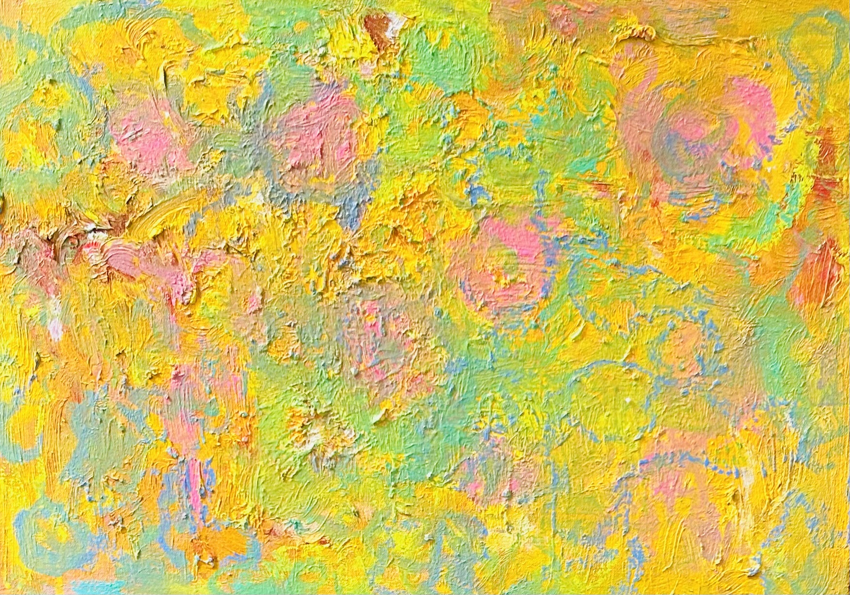 Kukkaniitty, Marja Maljosen abstrakti öljy/akryyli maalaus, 2021, 34 cm x 49 cm