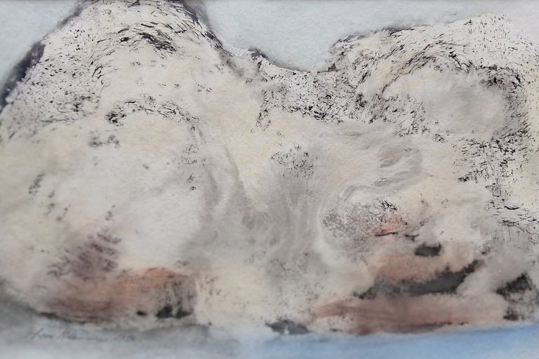 Sulava jäätikkö, Seppo Nikkinen, 2026, musta/pastelli maalaus, 50 cm x 70 cm