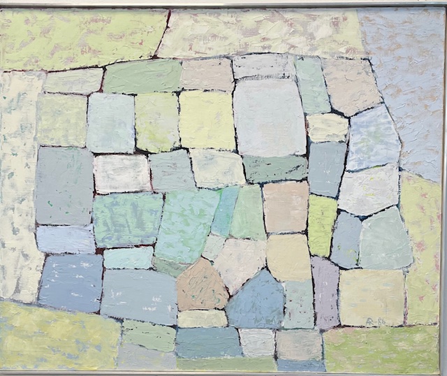 Kompositio, Anja Rahola, öljyvärimaalaus, 50x60cm, 1986.