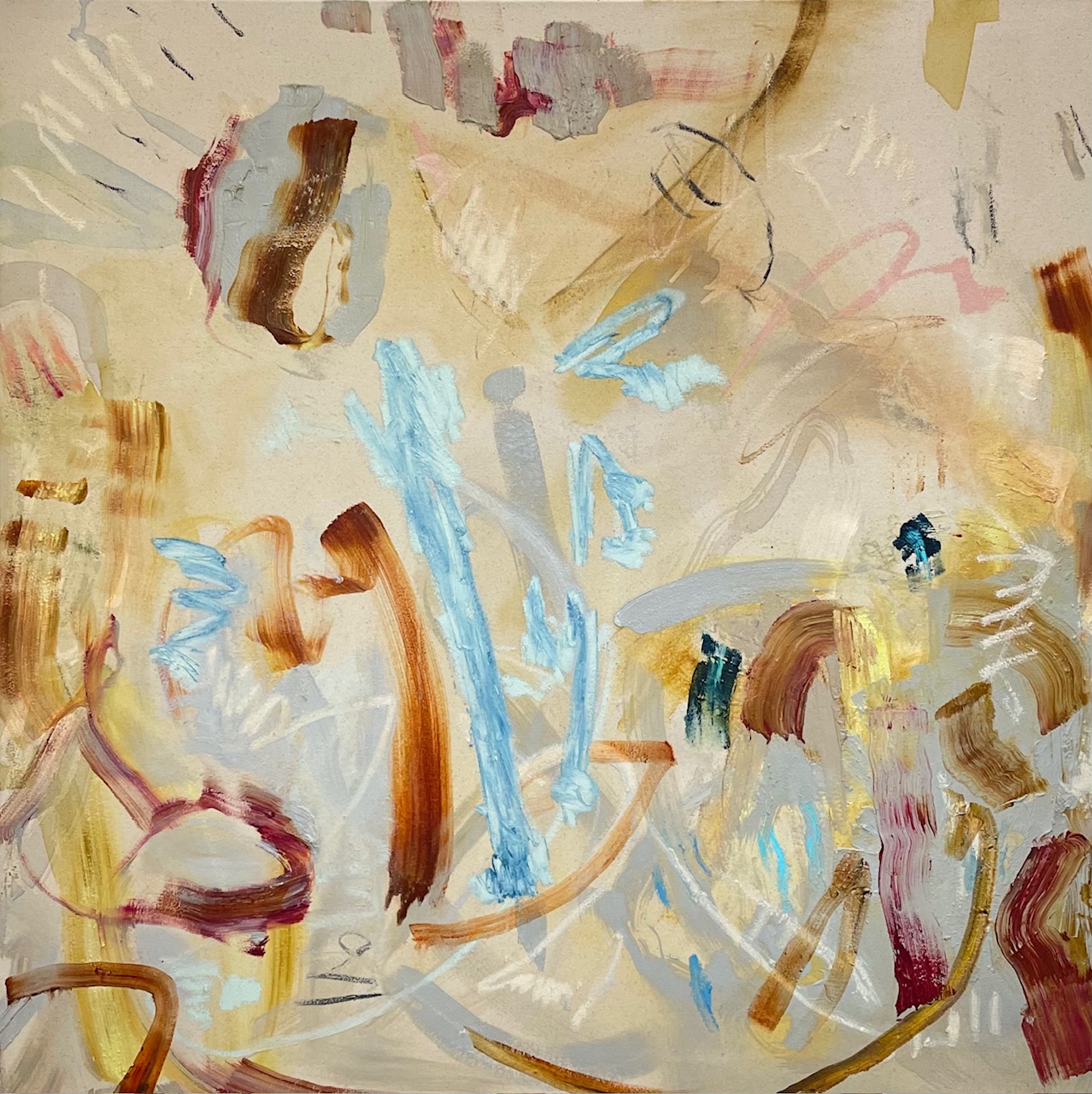 Päivällä painottomana, Johanna Sipilä, öljy ja tussi kankaalle, 100x100cm, 2025.