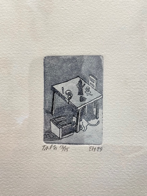 Kissa, Elina Hartzell, metalligrafiikka, 6x4cm, 1999.