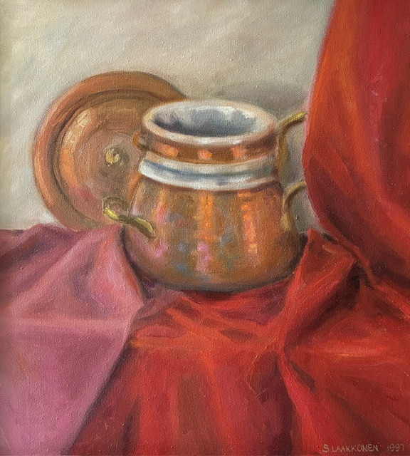 Punaiset liinat, Sirkka Laakkonen, öljyvärimaalaus, 50x45cm, 1991.