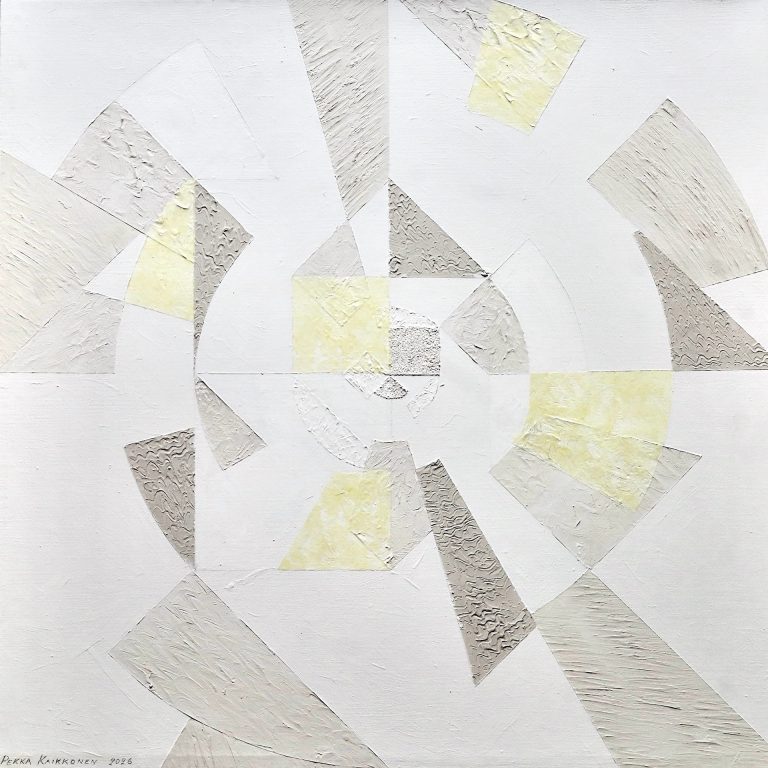 Vaalean työn pinnassa on kohoumia geometrisessa järjestyksessä. Keltaista väriä joukossa.