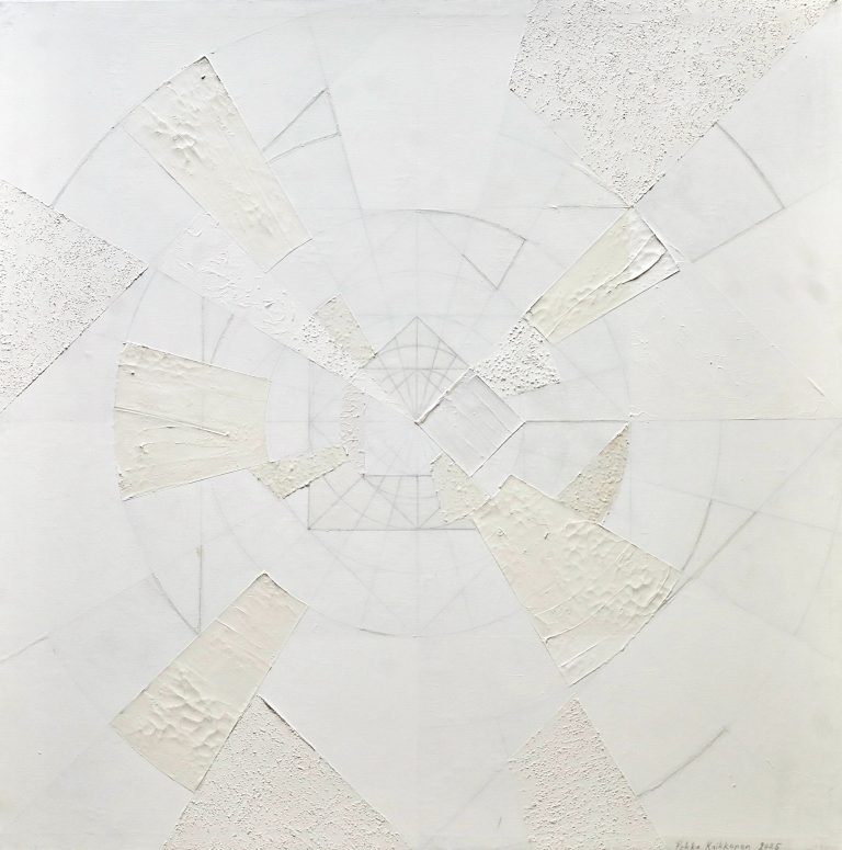 Vaalea teos, jossa on geometrisia kuvioita ja struktuuripintoja.